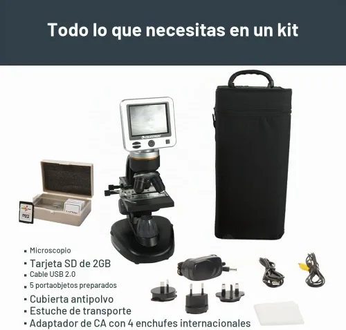 Vista 10 de Celestron – Microscopio digital LCD II – Pantalla de 3.5" – Cámara de 5MP – Aumento de 40x–1600x – Cabezal giratorio – Tarjeta SD incluida – Salida