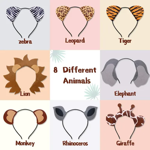 Vista 3 de CiyvoLyeen Diademas de orejas de animales, cumpleaños, selva, safari, zoológico, recuerdo de fiesta, mono rinoceronte, elefante, aro de pelo