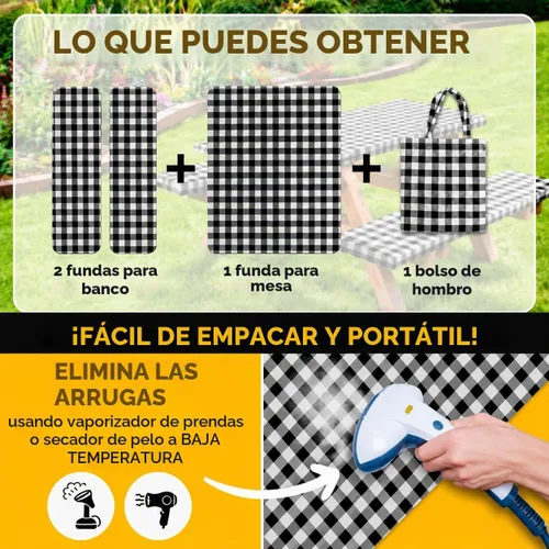 Vista 7 de RNOONY Cubierta de Mesa de Picnic de Vinilo Ajustable con Fundas de Banco y Bolsa, Mantel de 6 pies para Exteriores Impermeable y Resistente al