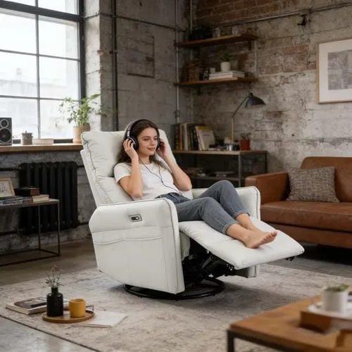 Vista 4 de Silla reclinable eléctrica giratoria eléctrica, con puertos USB, piel sintética para sala de estar (gris claro)