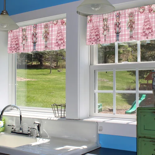 Vista 6 de Faldón de ventana con nueces rosas a cuadros, para cocina y sala de estar, 54" de ancho x 18" de largo
