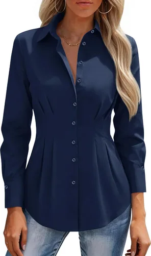 Vista 15 de siliteelon Camisas con botones para mujer, cintura ceñida, camisa de vestir de algodón de manga larga para negocios, casual, trabajo, oficina
