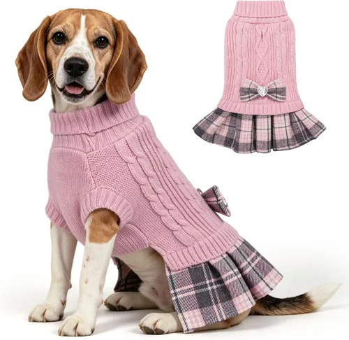 Vista 20 de WOYYHO Vestido de suéter para perro pequeño con corbatín, ropa de perro de Rosa polvoriento