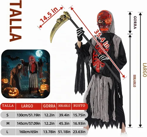 Vista 6 de FathiSooc Conjunto de disfraz de parca de Halloween, máscara de calavera LED, capa andrajosa, guantes de esqueleto, guadaña de calavera