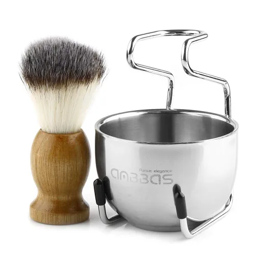 Vista 6 de Anbbas brocha de afeitar con pelo sintético de tejón y mango de madera, soporte y cuenco de afeitado de acero inoxidable, perfecto para afeitado