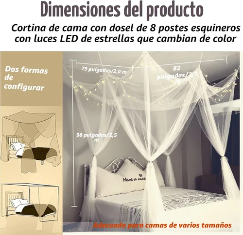 Vista 6 de Obrecis - Dosel de cama blanco con luces de estrella para niñas, cortinas de cama de princesa de 8 esquinas con 100 luces LED en forma de estrella