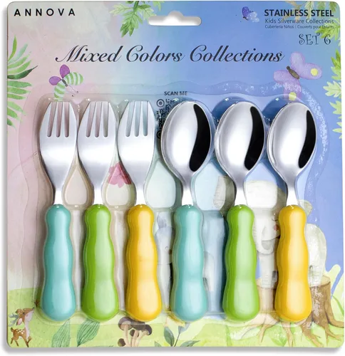 Vista 9 de ANNOVA Juego de cubiertos para niños, 6 piezas, cubiertos de acero inoxidable, 3 tenedores seguros, 3 cucharadas, utensilios seguros para niños sin