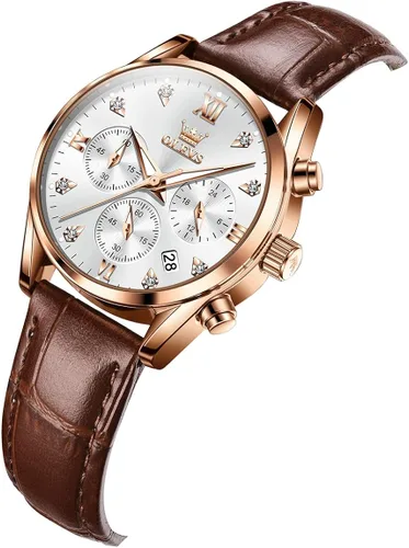 Vista 2 de OLEVS Relojes de cuero para mujer, correas marrones, vestido casual, cronógrafo, relojes de pulsera de cuarzo analógico de oro rosa, resistente al