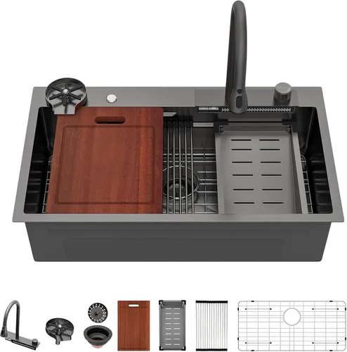 Vista 16 de Sarlai - Fregadero de cocina de cascada de 31 pulgadas, de montaje superior - 31x20 Fregadero de cocina con borde y estación de trabajo, de acero