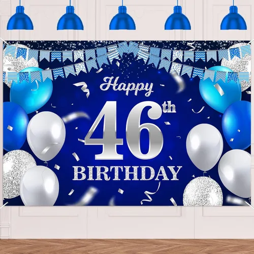 Vista 12 de Bandera de feliz primer cumpleaños con fondo azul marino, globos, confeti, bandera de rayas, luces de puntos, felicitaciones por el tema de 1 año