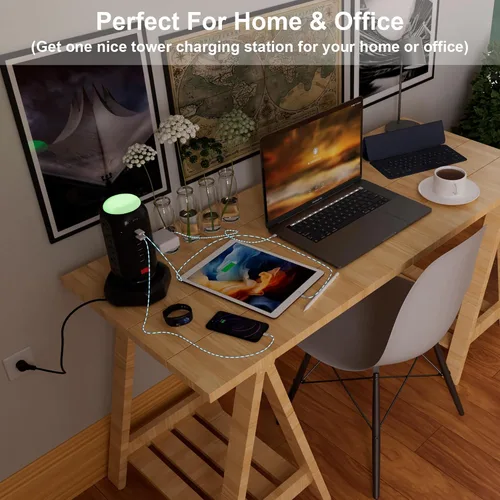 Vista 6 de Torre de tira de alimentación con luz nocturna colorida, 15 tomas de CA y 6 puertos USB de carga rápida, cable de extensión retráctil con múltiples