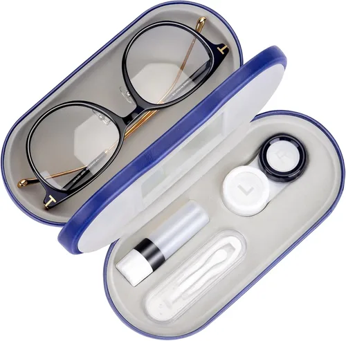 Vista 10 de Muf - Estuche portátil 2 en 1 para lentes y lentes de contacto, diseño de doble uso, a prueba de fugas, pinzas y botella con solución incluidas