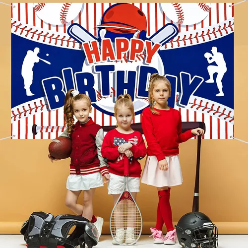 Vista 4 de Decoraciones de fiesta de béisbol con texto en inglés «Happy Birthday» para niños, adolescentes – Cartel grande con temática deportiva