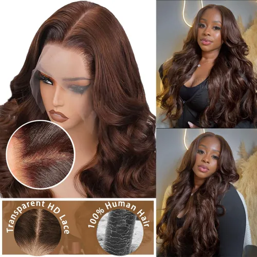 Vista 4 de Peluca de cabello humano ondulado con encaje frontal HD de 13 x 6 pulgadas, densidad del 200 %, predepilada, color marrón chocolate, peluca