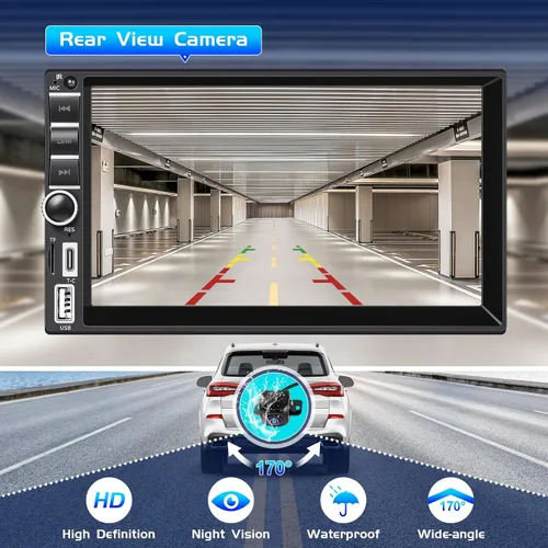 Vista 4 de Estéreo de auto doble DIN con Apple CarPlay inalámbrico y Android Auto, receptor de radio de coche con pantalla táctil de 7 pulgadas con Bluetooth