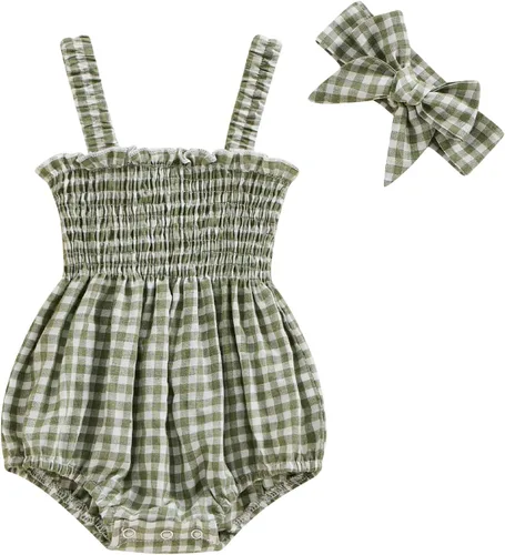 Vista 16 de Body sin mangas para bebé recién nacida con cuello halter y volantes, mameluco enterizo con diadema, conjunto de ropa de verano Albaricoque