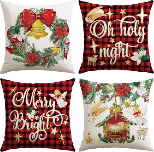Vista 10 de Artscope Juego de 4 fundas de almohada de Navidad Oh Holy Night Merry Bright Corona de Jesús de 16 x 16 pulgadas, fundas de almohada para decoración