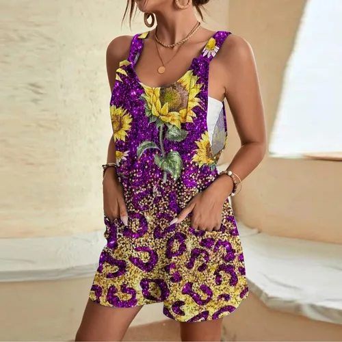 Vista 5 de PANOEGSN Womens Summer Cute Front Tie Short Jumpsuits Leopard Sleeveless Rompers Spaghetti Strap Baggy Overalls with Pockets
