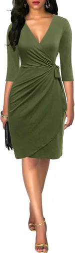Vista 3 de Berydress - Vestido negro clásico con manga 34 cuello en V casual cruzado y estilo tubo para mujer uso casual trabajo o fiesta