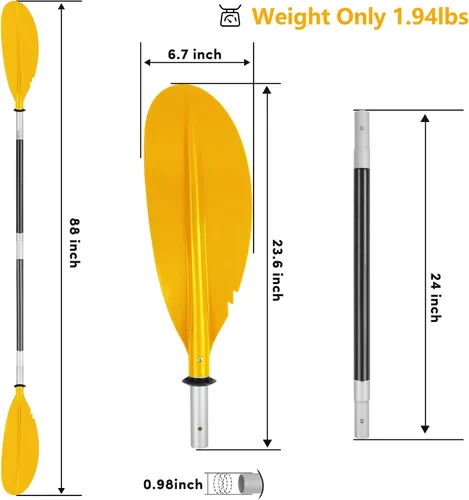 Vista 10 de Remo de kayak, 88 pulgadas, 4 piezas de remos para kayak, flotador de eje de aleación de aluminio resistente, ligero, desmontable, ajustable