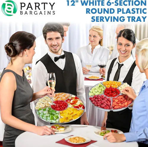 Vista 2 de PARTY BARGAINS Bandeja redonda de plástico de 12 pulgadas, 6 secciones, color blanco con borde plateado, paquete de 1