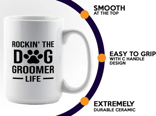 Vista 5 de Taza de café para peluquería de perros, 15 onzas, color blanco, Rockin the Groomer, apreciación del día de las mascotas, peluquero de perros