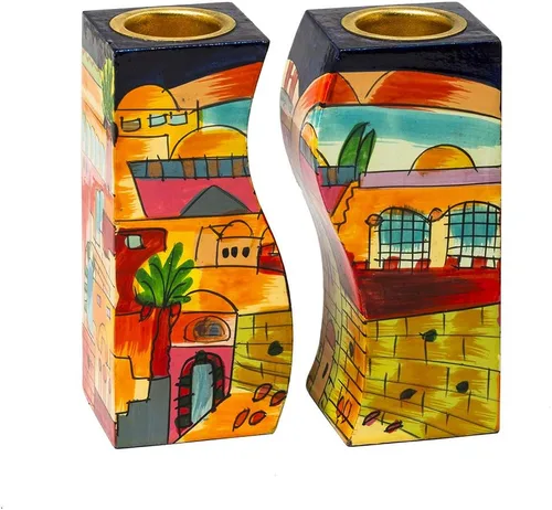 Vista 4 de Candelabros Shabbat - Juego judío - Yair Emanuel Fitted Shabat Candelabros Jerusalén (Bundle)