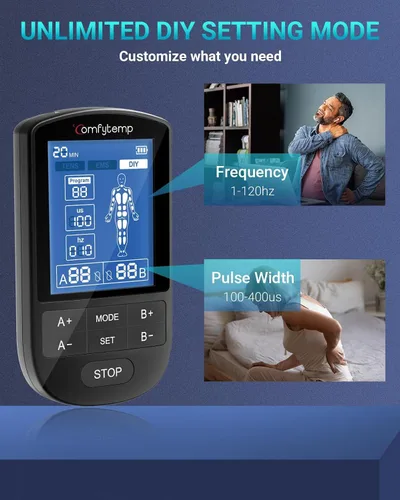 Vista 4 de Comfytemp Unidad TENS - Estimulador muscular para terapia de alivio del dolor, máquina TENS con 24 modos y DIY, unidad EMS de doble canal