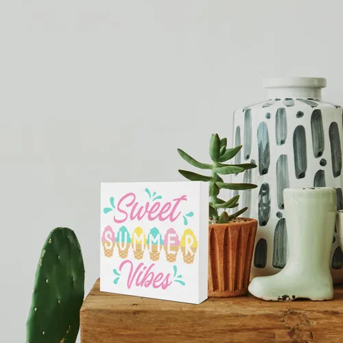 Vista 4 de Cartel de madera Sweet Summer Vibes de madera con bloque de madera de helado de verano, letrero decorativo para escritorio, decoración de estante A05