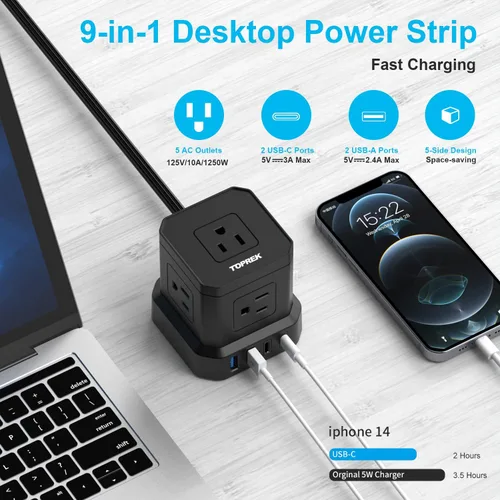 Vista 2 de Regleta de alimentación con USB, USB C (3.0 A) con 5 tomas, 2 USB-C y 2 USB-A, cable de extensión plano de 5 pies con enchufe plano ultrafino