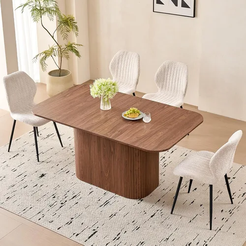 Vista 27 de Juego de 4 mesas de comedor grandes de 63 pulgadas para 4, esquinas redondeadas, mesa de cocina rectangular moderna de madera con sillas Boucle