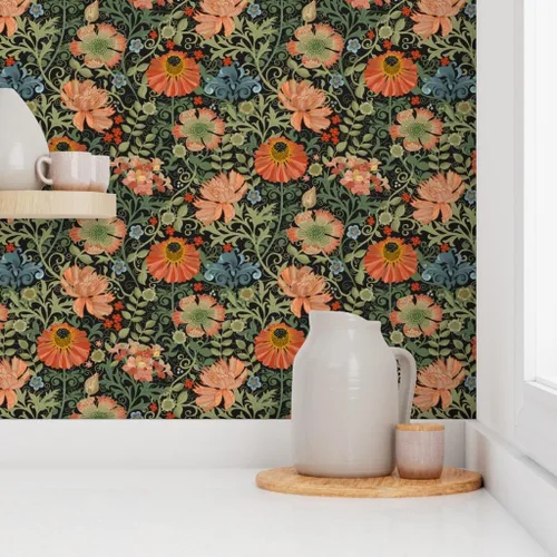 Vista 8 de Papel tapiz para despegar y pegar, diseño Art Nouveau con flores negras, diseño floral, decoración de jardín, papel pintado extraíble Spoonflower