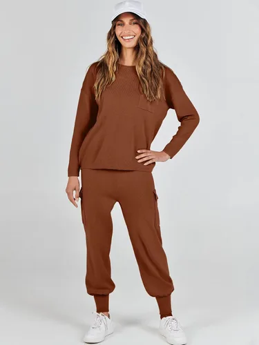 Vista 9 de Caracilia Conjunto de dos piezas para mujer, suéter de punto de manga larga y pantalones deportivos tipo cargo