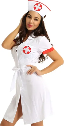 Vista 3 de Oyolan Disfraz sexy de enfermera traviesa para mujer, disfraz de cosplay de uniforme acampanado, con sombrero