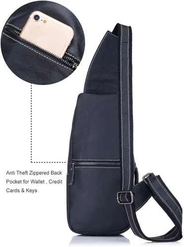 Vista 4 de Bolso bandolera pequeño de cuero para mujeres y hombres, bolsa cruzada, bolsa de pecho, mochila de viaje de hombro, resistente al agua, Negro