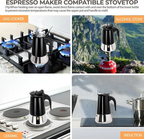 Vista 5 de 2 tazas de 3.4 fl oz Moka Pot de acero inoxidable, cafetera para estufa, cafetera italiana, estilo clásico, Greca Café, máquina de moca