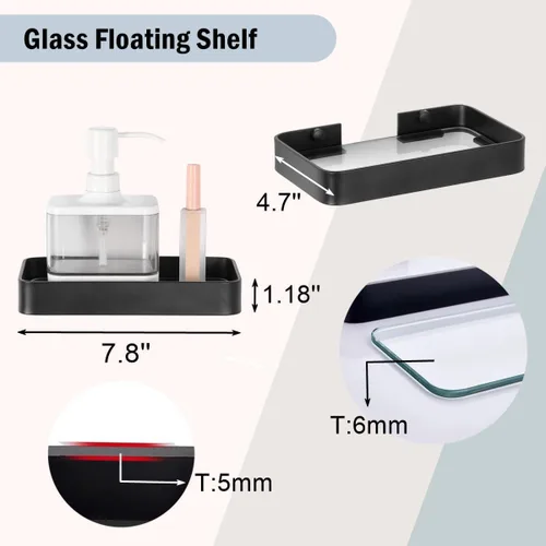 Vista 3 de Z metnal Estantes pequeños de vidrio para baño, estante flotante negro mate, mini organizador de estantes de pared, montaje en la pared