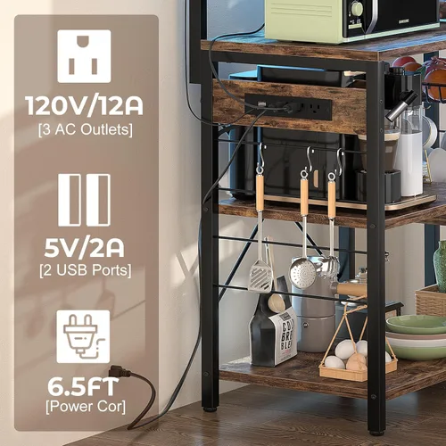 Vista 10 de Aheaplus Estante de panadería con toma de corriente y tiras de luces LED, soporte para horno de microondas, estante de almacenamiento de cocina