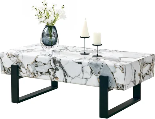 Vista 11 de LKTART Mesa de centro rectangular de 47 pulgadas para sala de estar, superficie con patrón de mármol, patas de metal estables para mesa de té