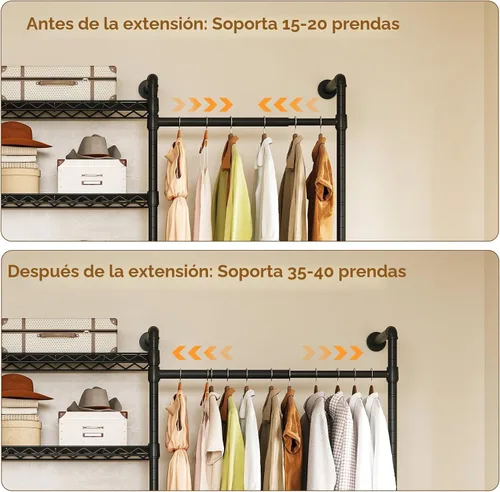Vista 4 de ONBRILL H4 Sistema de Clóset Montado en Pared, Perchero de Tubería Industrial Expandible para Colgar Ropa, Organizadores de Clóset y Almacenamiento