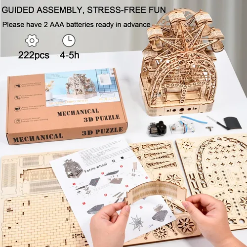 Vista 4 de Rompecabezas de madera 3D con ruedas mecánicas de la fortuna modelo de caja de música, rompecabezas de bricolaje, rompecabezas 3D para adultos