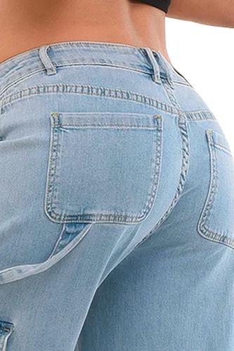 Vista 4 de FALABELLA Jeans tipo cargo holgados de cintura media y alta para mujer con bolsillo de solapa, pantalones de mezclilla holgados de pierna ancha