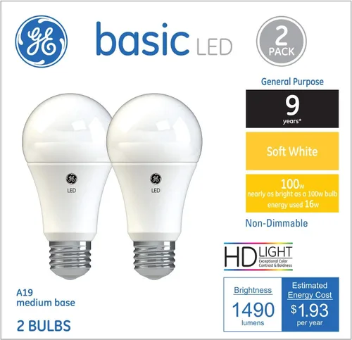 Vista 4 de GE Bombillas LED básicas, 100 vatios, blanco suave, A19, base mediana (paquete de 2)
