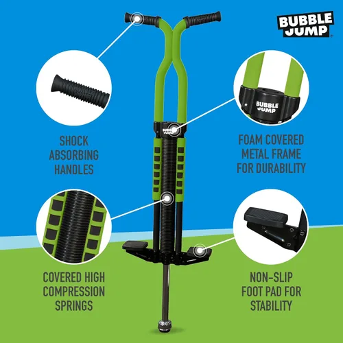 Vista 4 de BUBBLE JUMP Pogo Stick para niños de 10 años en adelante, color verde, para niños, niñas, adolescentes y adultos, de 80 a 160 libras, mango de goma