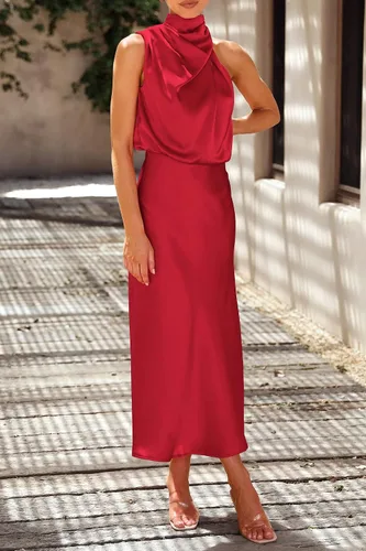Vista 7 de PRETTYGARDEN Vestido de satén de verano 2023 para mujer, elegante, sin mangas, con cuello alto falso, para cóctel, fiesta, maxi vestidos