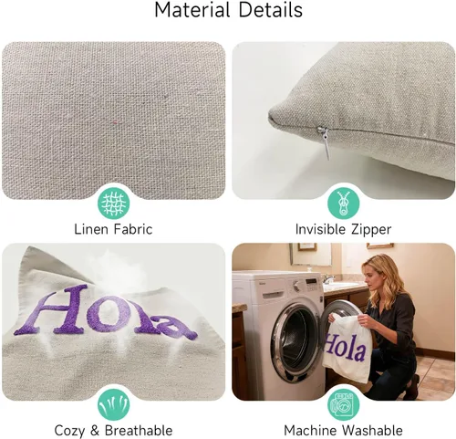 Vista 5 de Funda de almohada lumbar con nombre bordado personalizado, funda de almohada de lino con monograma para sofá cama, funda de almohada personalizada