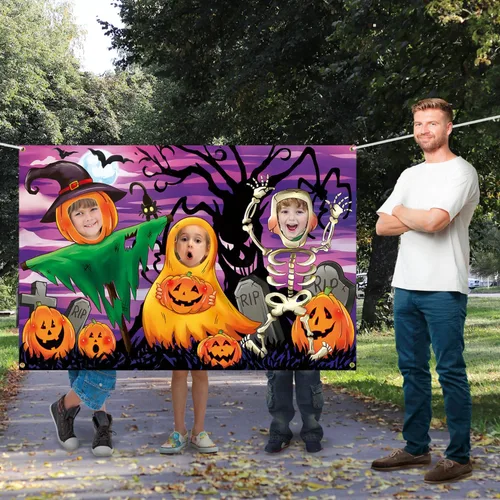 Vista 3 de Telón de fondo de cara de noche de terror en el agujero, 5 x 3.3 pies, cabeza de calabaza, espantapájaros, esqueletos, accesorios para fotos