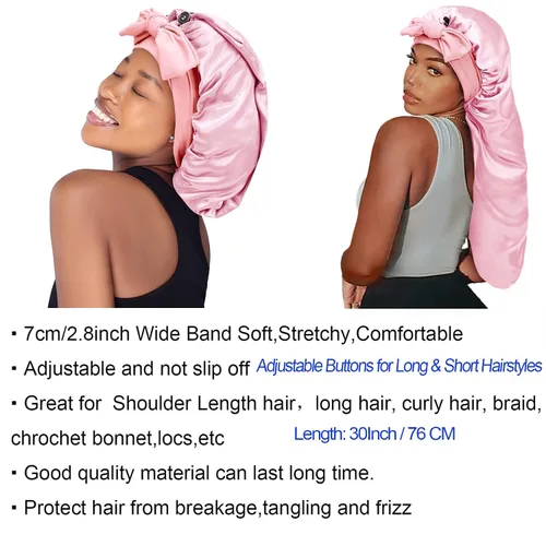 Vista 4 de Gorro de seda satinada para el cabello: gorros largos con banda de amarre elástica, correas ajustables, tamaño gigante, para dormir cómodamente