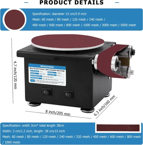 Vista 5 de MXBAOHENG Mini lijadora de disco de banda de 6 pulgadas y correas de lijado de 1.2 x 15 pulgadas para molienda de piedra de metal y madera, máquina
