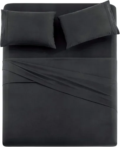 Vista 3 de Marina Decoration Juego de sábanas de 4 piezas con 2 fundas de almohada bordadas, de rayón sólido de bambú para todas las estaciones, con 2 fundas